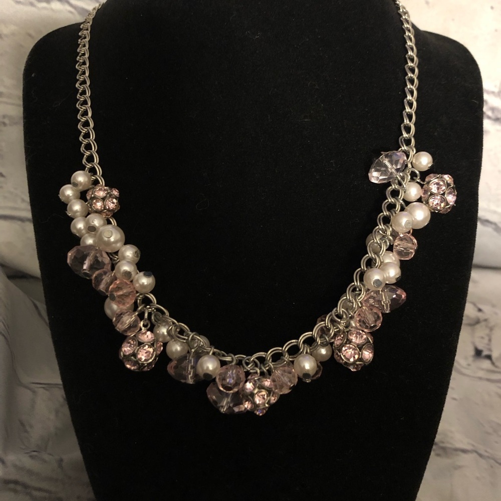 Vera Wang Necklace- Light Pink Beads and Rhinestone charms; faux pearls; silver